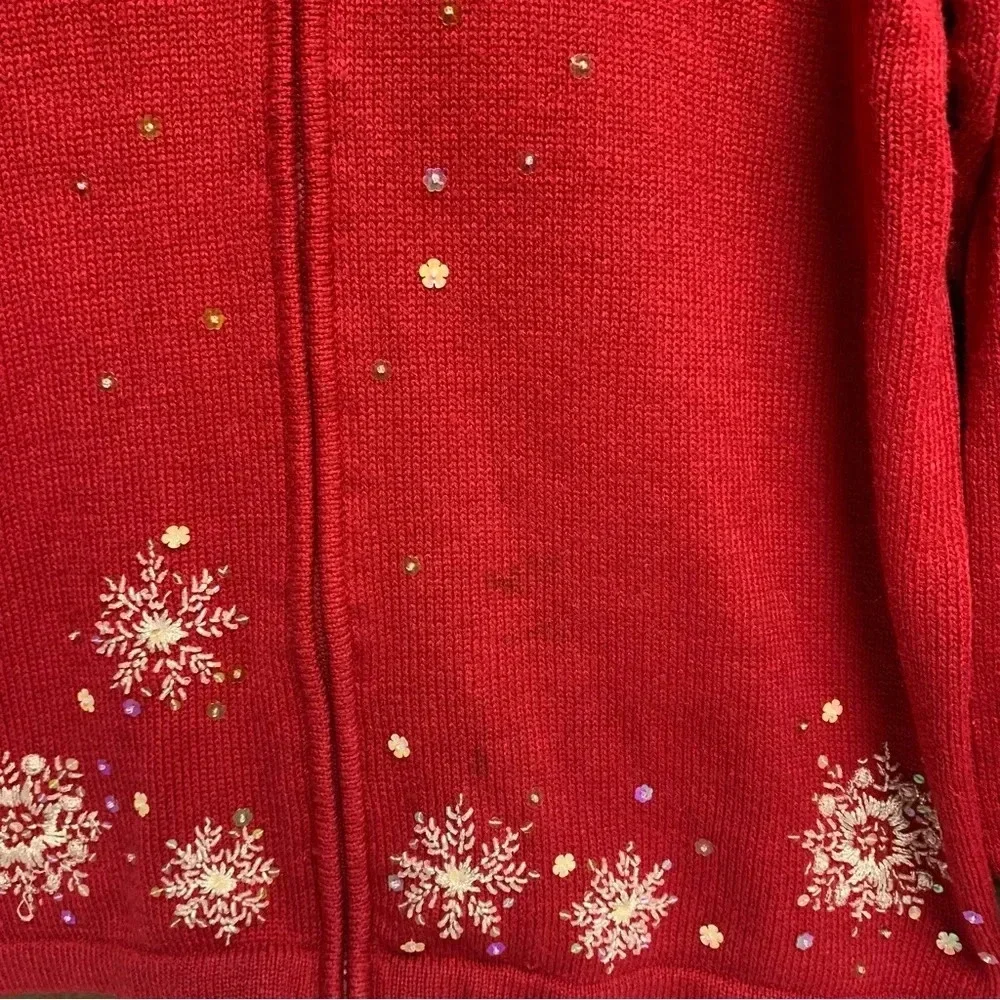 Christmas zip up sweater size 2X red with sequins snowflake themed